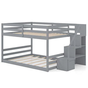 Solid Wood Full Over Full Low Bunk Bed with Storage Stairs-Gray