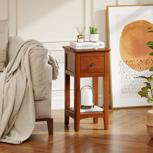 3-Tier Nightstand with Drawer and Open Storage Shelf-Walnut