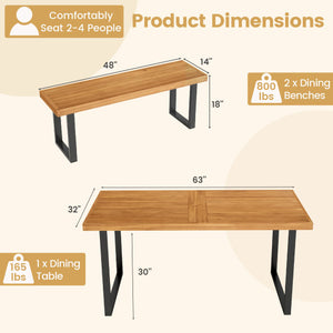 3 Pieces Patio Dining Table Set 63” Rectangle Table and 2 Backless Bench