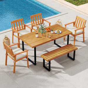 6 Pieces Patio Dining Table Set 63” Rectangle Table with 4 Acacia Wood Armchairs and Backless Bench