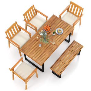 6 Pieces Patio Dining Table Set 63” Rectangle Table with 4 Acacia Wood Armchairs and Backless Bench