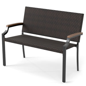 Patio Wicker Loveseat Chair with Acacia Wood Armrests and Metal Frame