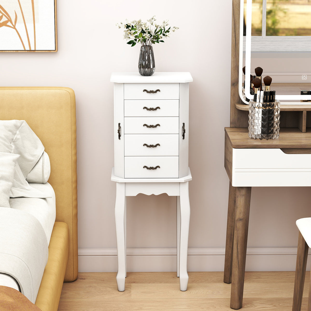 Standing Jewelry Box with 4 Drawers and 2 Side Doors-White