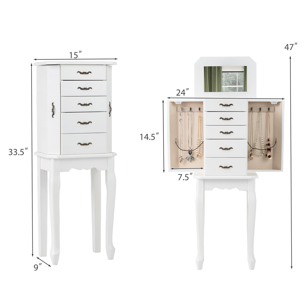Standing Jewelry Box with 4 Drawers and 2 Side Doors-White
