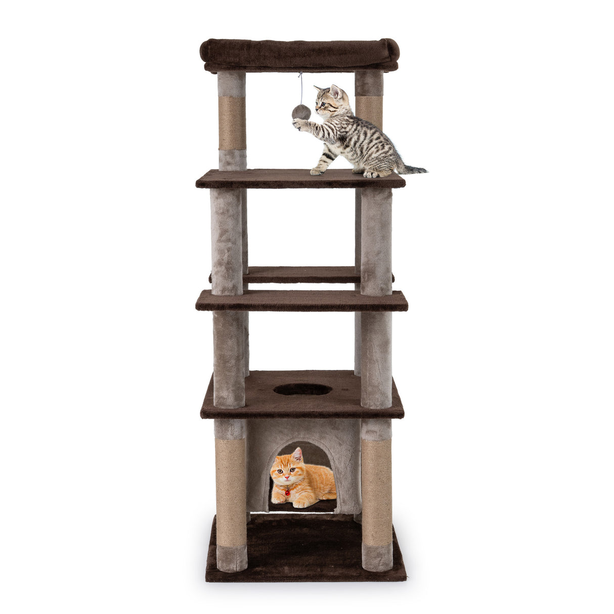 58 Inch Large Multi-level Cat Tree with Swaying Aerial Condo and Plush Perch Bed-Brown