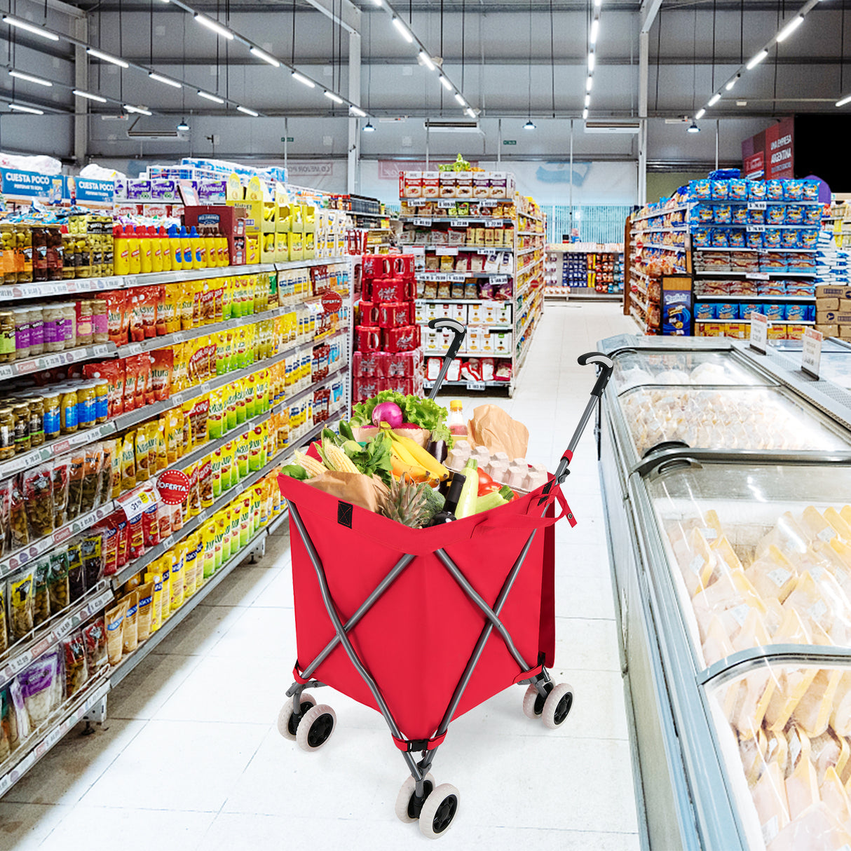 Folding Shopping Utility Cart with Water-Resistant Removable Canvas Bag-Red