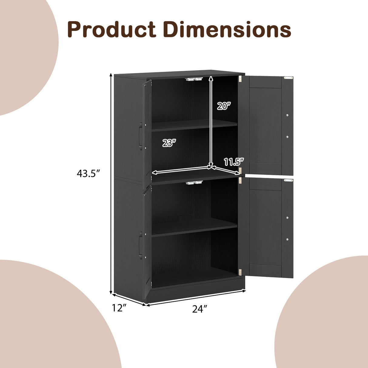 Bathroom Cabinet 43.5 inch Storage Cabinet with Doors and Adjustable Shelves-Black