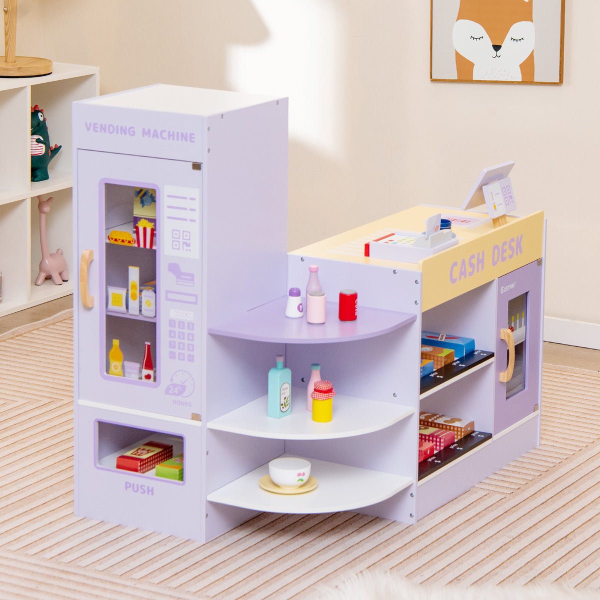 Kids Wooden Supermarket Play Toy Set with Checkout Counter-Purple
