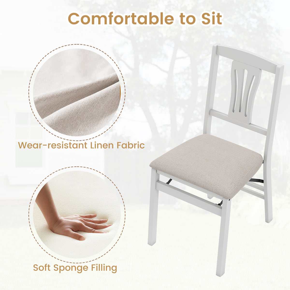 Folding Kitchen Chairs Set of 4 Upholstered Dining Chairs with Comfy Padded Seats-White