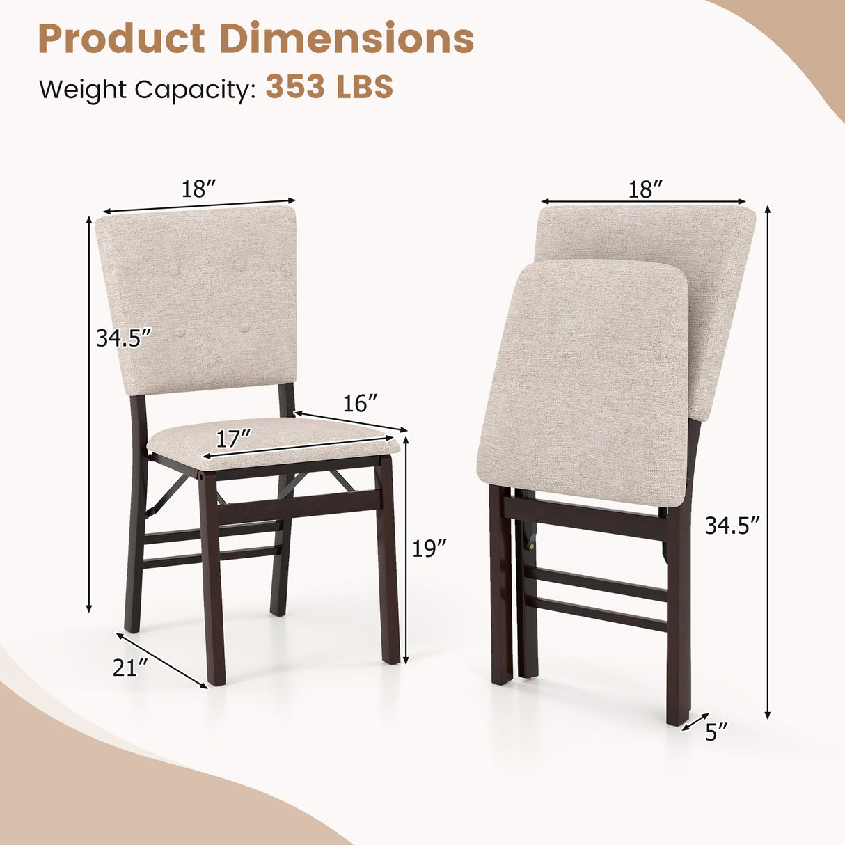 Foldable Dining Chair Set of 2 Armless Kitchen Chair with Padded Seat and Tilt Backrest-Beige