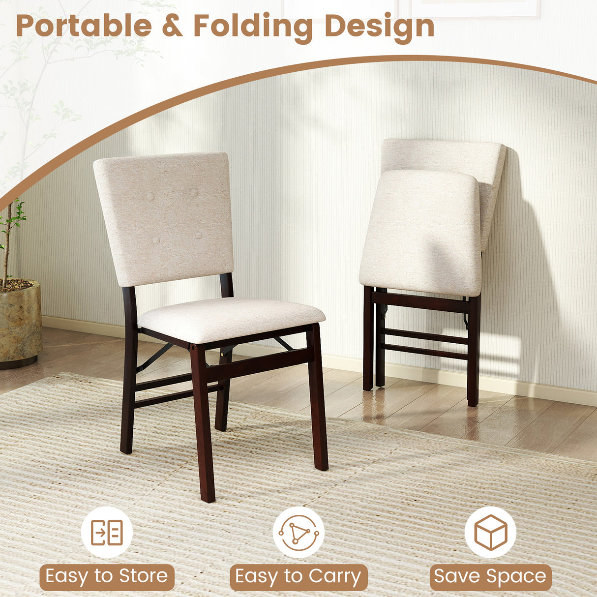 Foldable Dining Chair Set of 2 Armless Kitchen Chair with Padded Seat and Tilt Backrest-Beige
