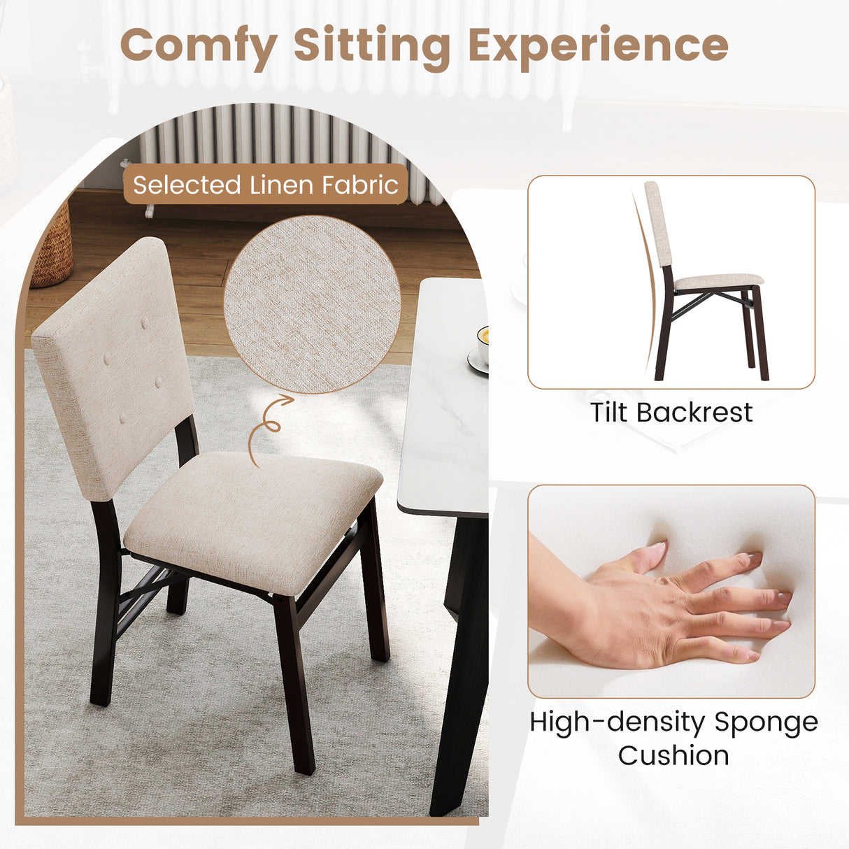 Foldable Dining Chair Set of 4 Armless Kitchen Chair with Padded Seat and Tilt Backrest-Beige