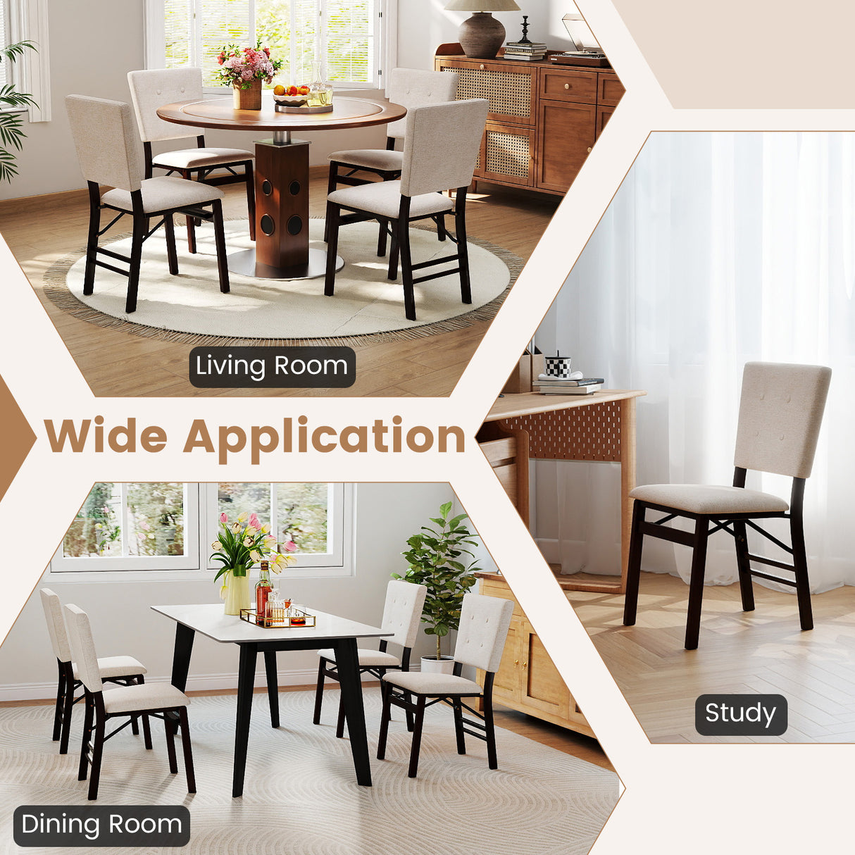 Foldable Dining Chair Set of 4 Armless Kitchen Chair with Padded Seat and Tilt Backrest-Beige