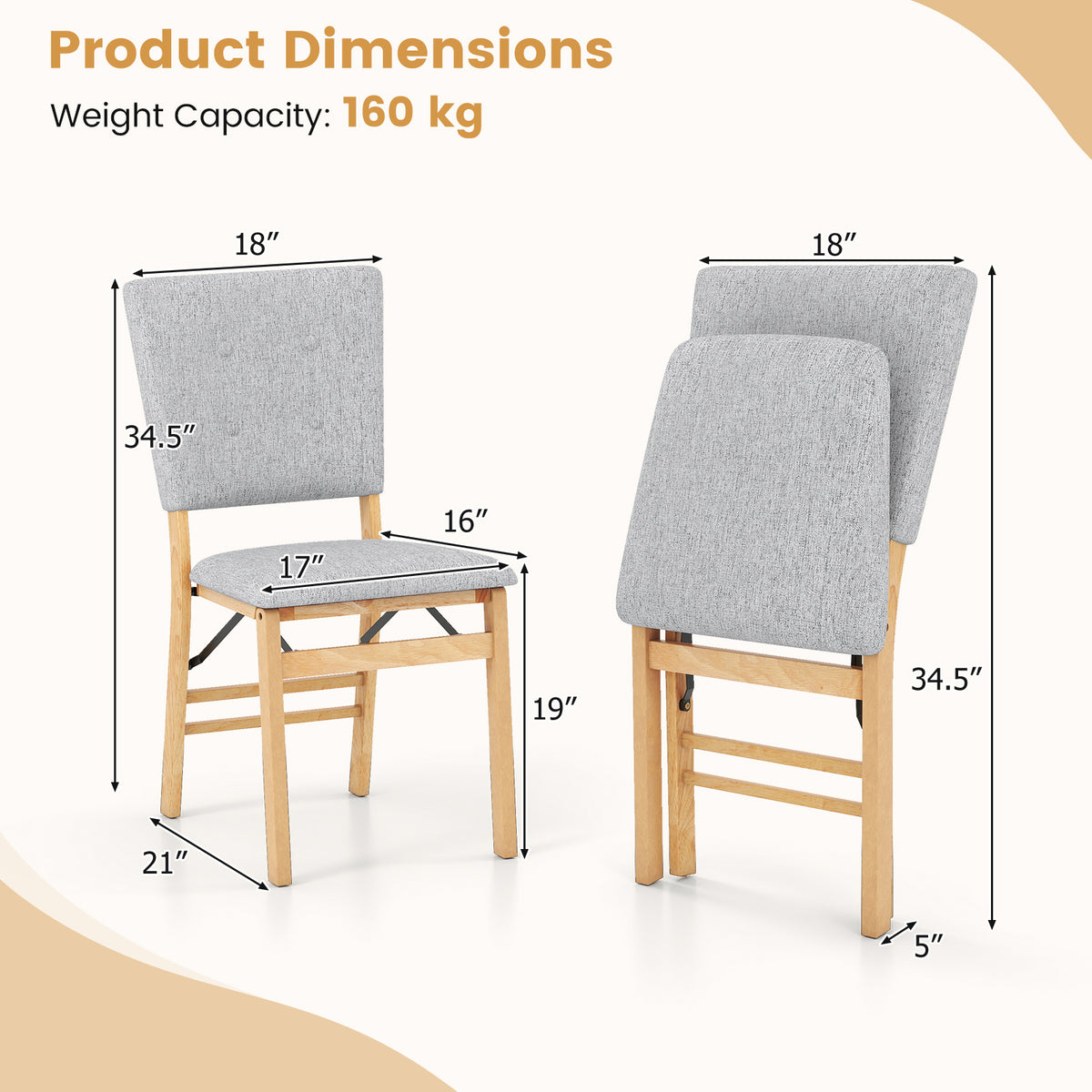 Foldable Dining Chair Set of 4 Armless Kitchen Chair with Padded Seat and Tilt Backrest-Gray