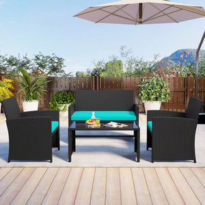4 Pieces Patio Furniture Set with Tempered Glass Tabletop and Removable Cushion-Turquoise