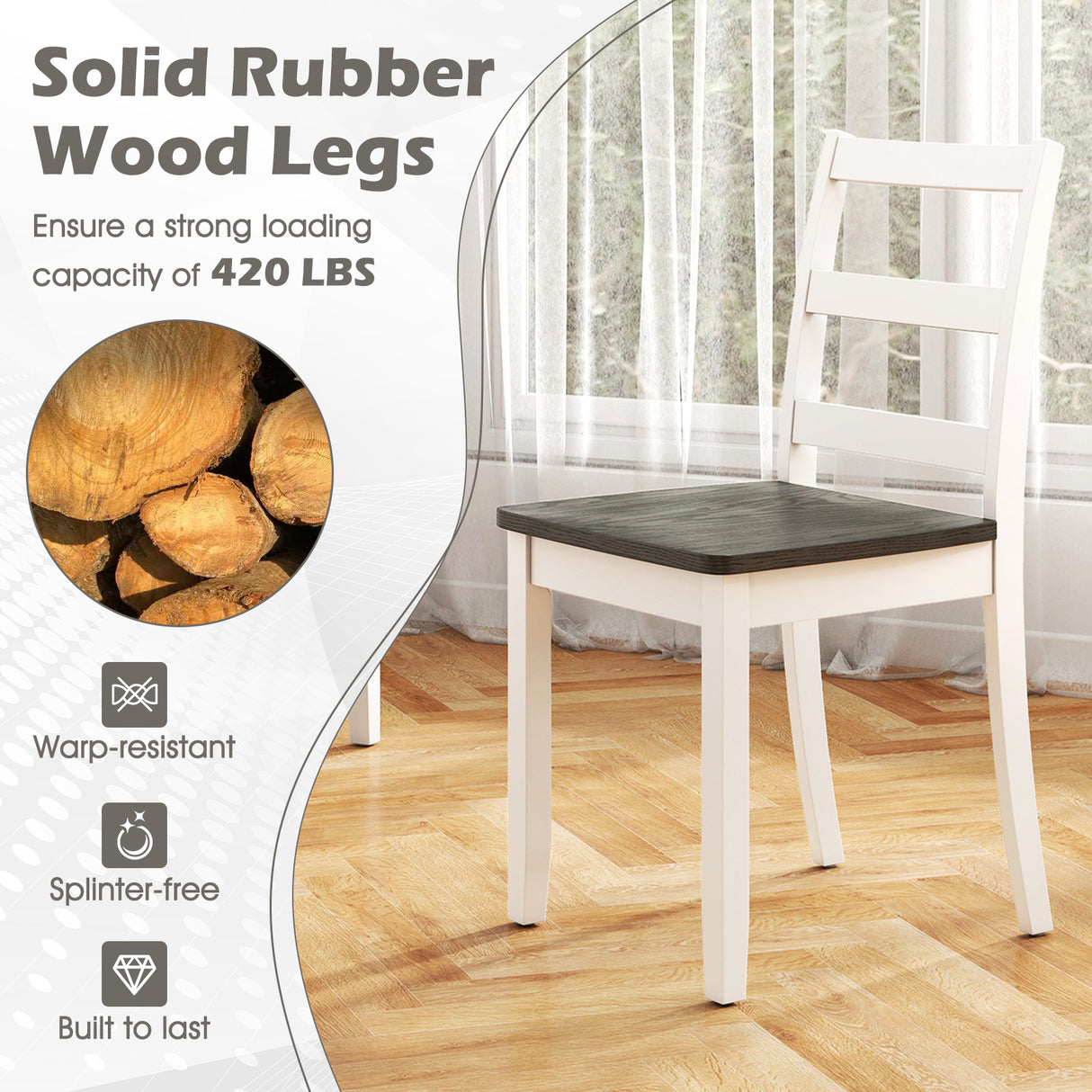 Set of 4 Wood Dining Chairs with Solid Rubber Wood Legs-Gray