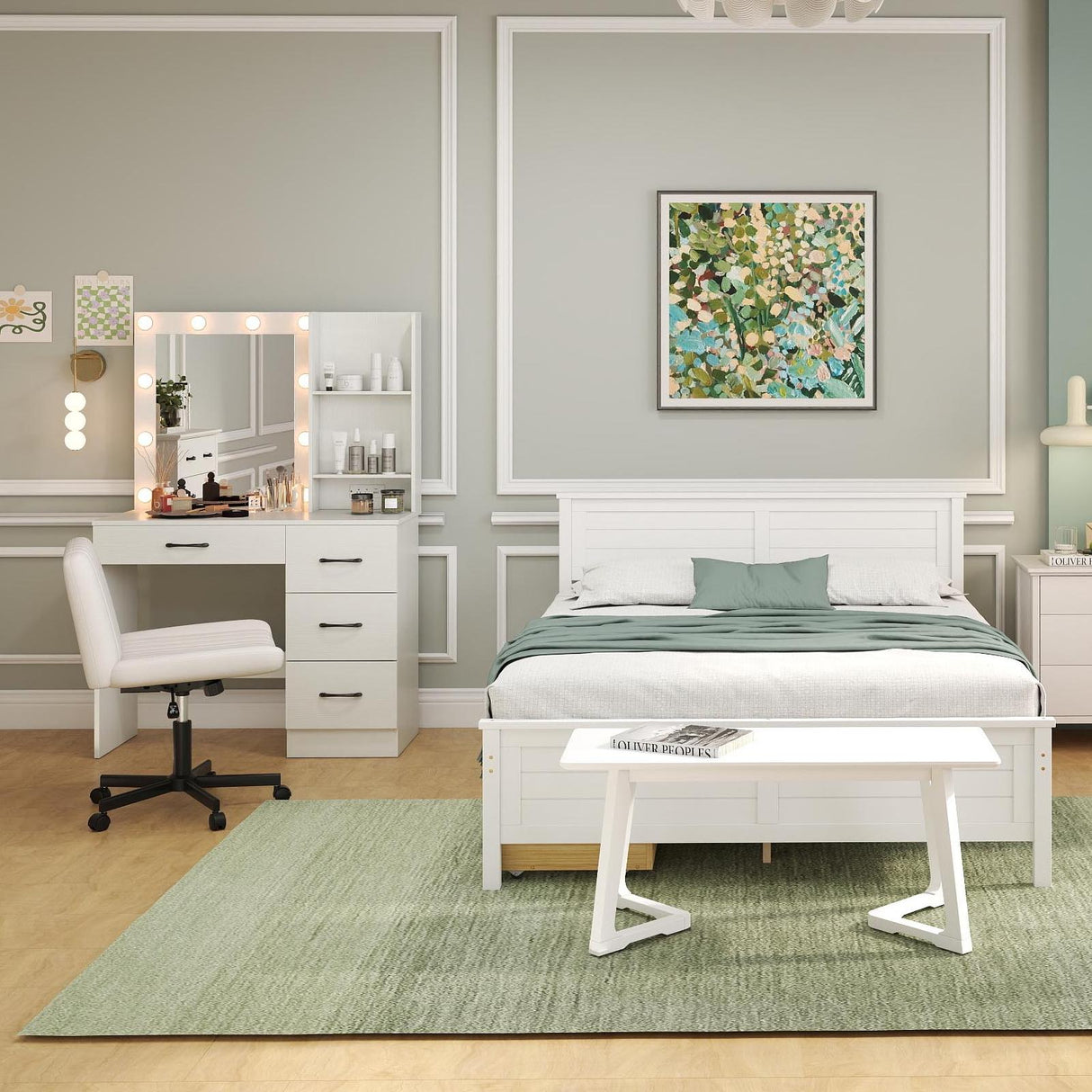 4-Piece Bedroom Furniture Set with Twin Size Bed Frame  Entryway Bench  Vanity Desk and Jewelry Armoire