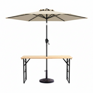 3-Piece Patio Picnic Table Set: Adjustable Wooden Picnic Table + Umbrella + Umbrella Base