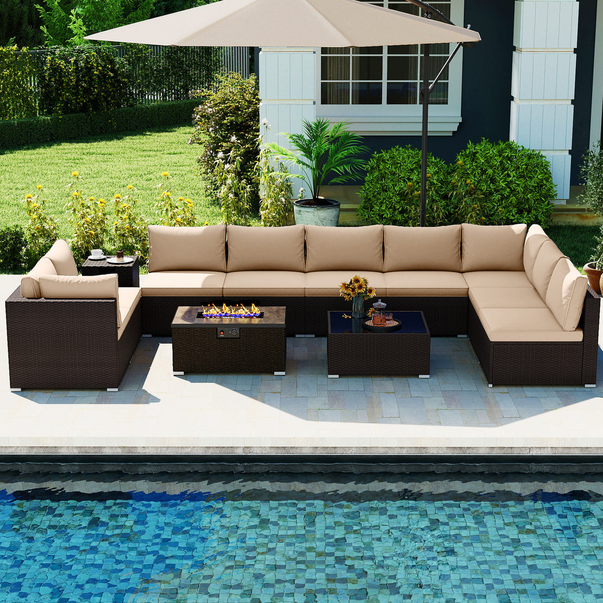 Outdoor PE Rattan Conversation Set with 32” Propane Fire Pit Table and Tank Holder-Beige