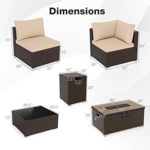 Outdoor PE Rattan Conversation Set with 32” Propane Fire Pit Table and Tank Holder-Beige