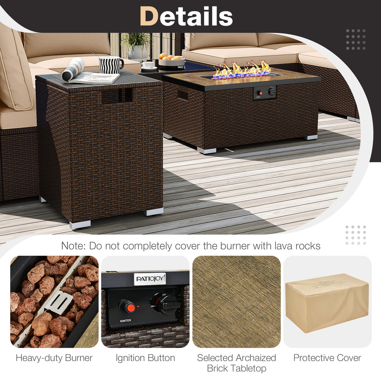 Outdoor PE Rattan Conversation Set with 32” Propane Fire Pit Table and Tank Holder-Beige
