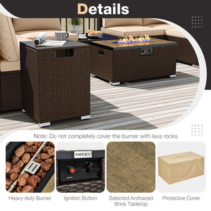 Outdoor PE Rattan Conversation Set with 32” Propane Fire Pit Table and Tank Holder-Beige