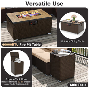 Outdoor PE Rattan Conversation Set with 32” Propane Fire Pit Table and Tank Holder-Beige