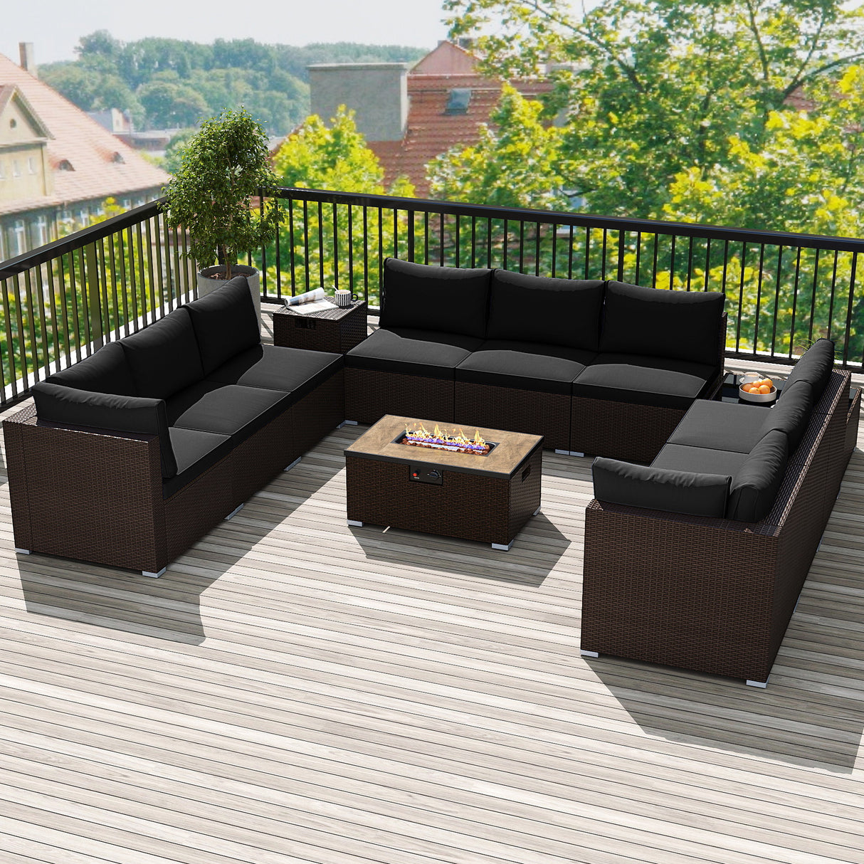 Outdoor PE Rattan Conversation Set with 32” Propane Fire Pit Table and Tank Holder-Black