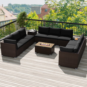 Outdoor PE Rattan Conversation Set with 32” Propane Fire Pit Table and Tank Holder-Black