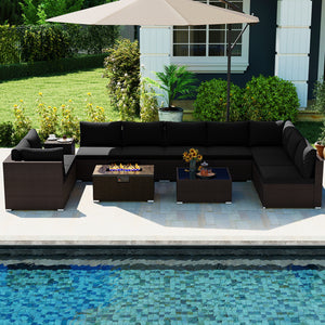 Outdoor PE Rattan Conversation Set with 32” Propane Fire Pit Table and Tank Holder-Black