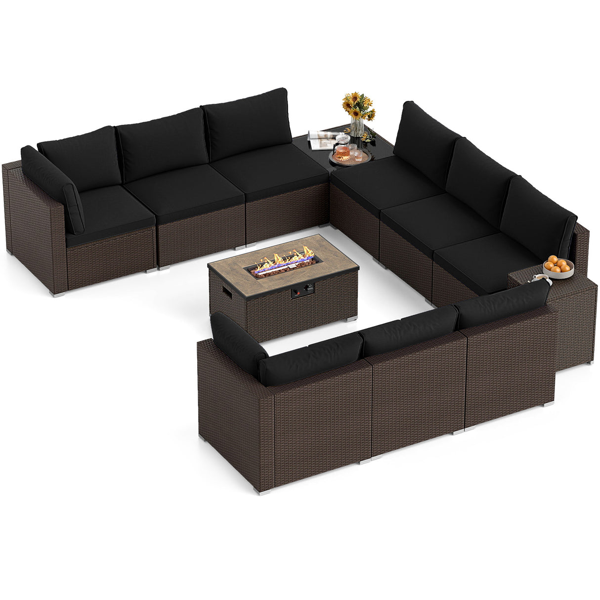 Outdoor PE Rattan Conversation Set with 32” Propane Fire Pit Table and Tank Holder-Black