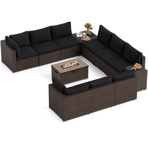 Outdoor PE Rattan Conversation Set with 32” Propane Fire Pit Table and Tank Holder-Black