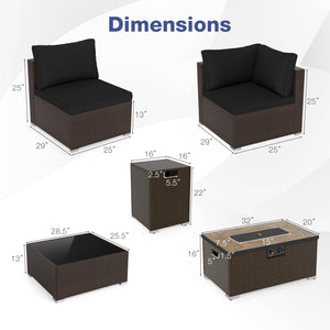 Outdoor PE Rattan Conversation Set with 32” Propane Fire Pit Table and Tank Holder-Black