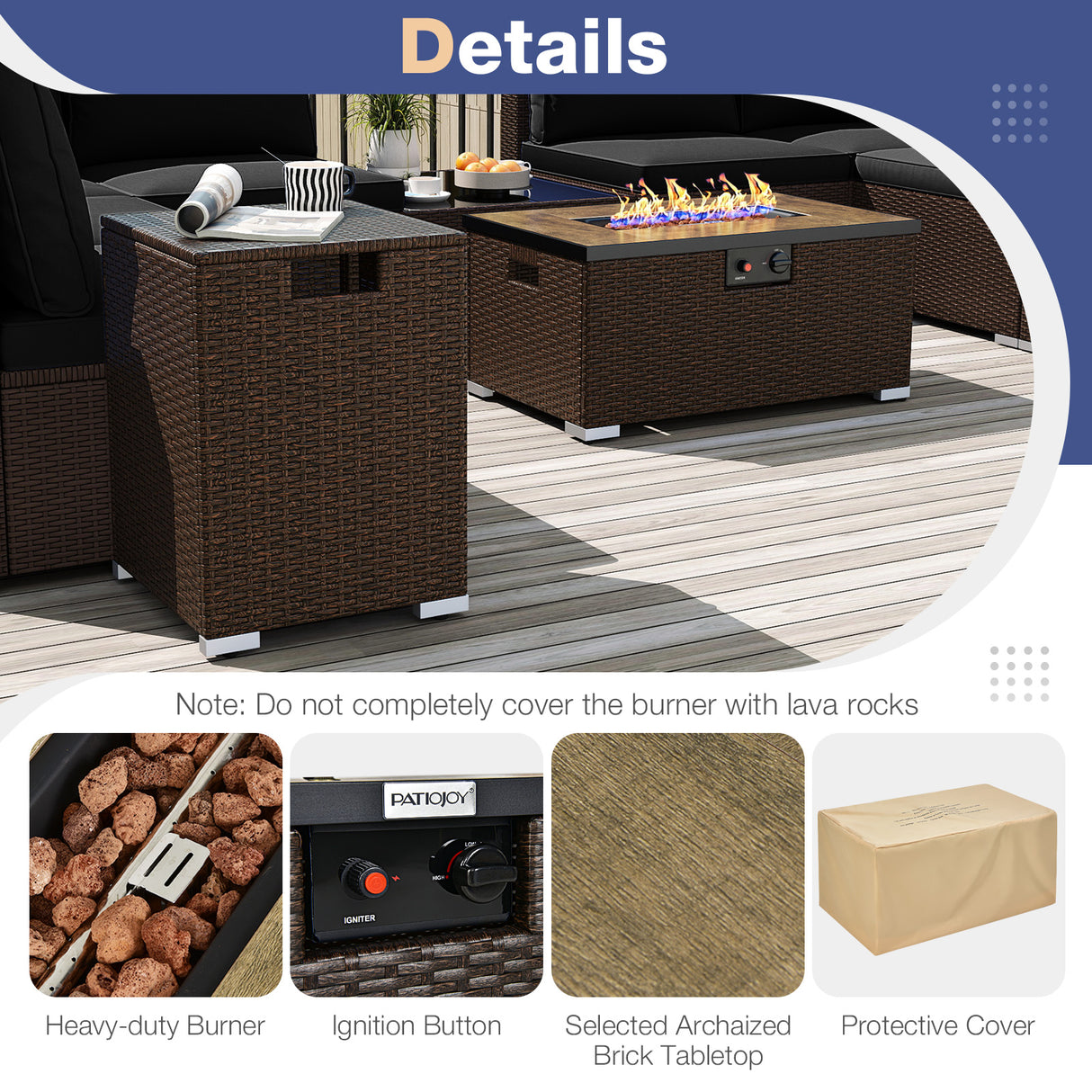 Outdoor PE Rattan Conversation Set with 32” Propane Fire Pit Table and Tank Holder-Black