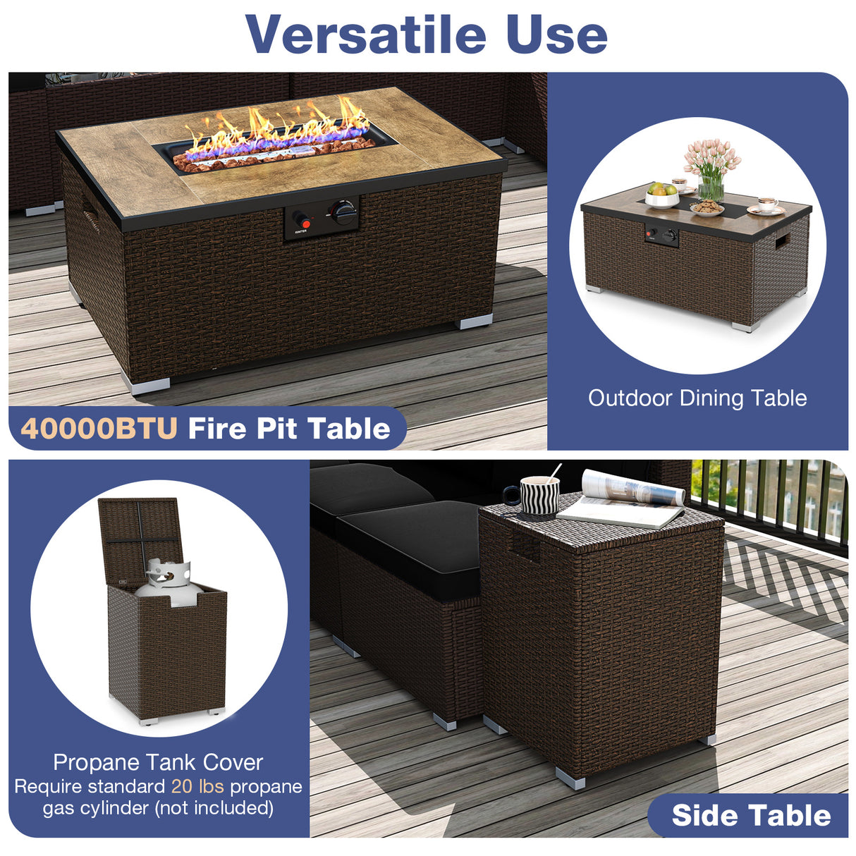 Outdoor PE Rattan Conversation Set with 32” Propane Fire Pit Table and Tank Holder-Black