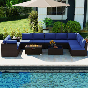 Outdoor PE Rattan Conversation Set with 32” Propane Fire Pit Table and Tank Holder-Navy