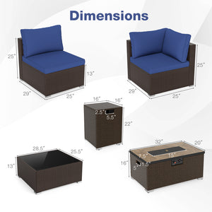 Outdoor PE Rattan Conversation Set with 32” Propane Fire Pit Table and Tank Holder-Navy