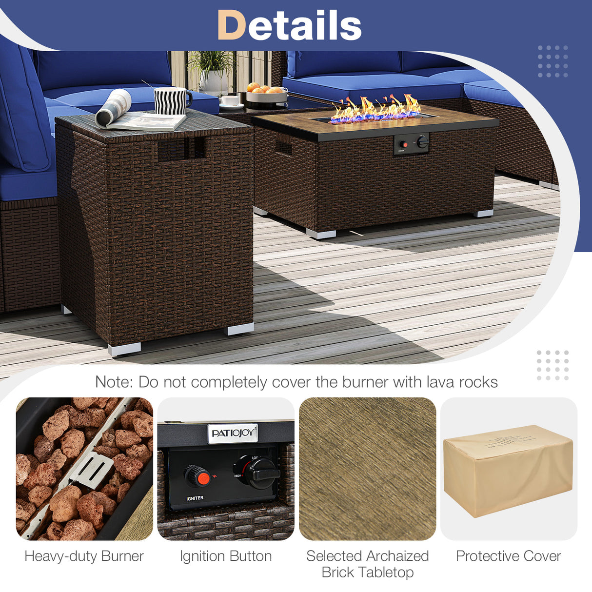 Outdoor PE Rattan Conversation Set with 32” Propane Fire Pit Table and Tank Holder-Navy