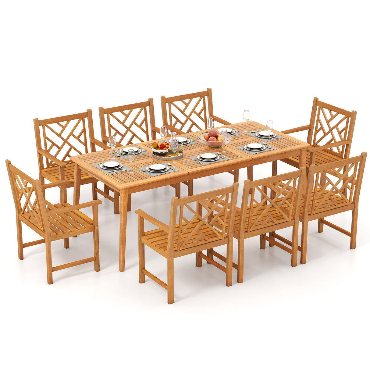 9-Pieces Patio Dining Table Set Wood Rectangular Dining Table with 8 Chairs and Slatted Tabletop
