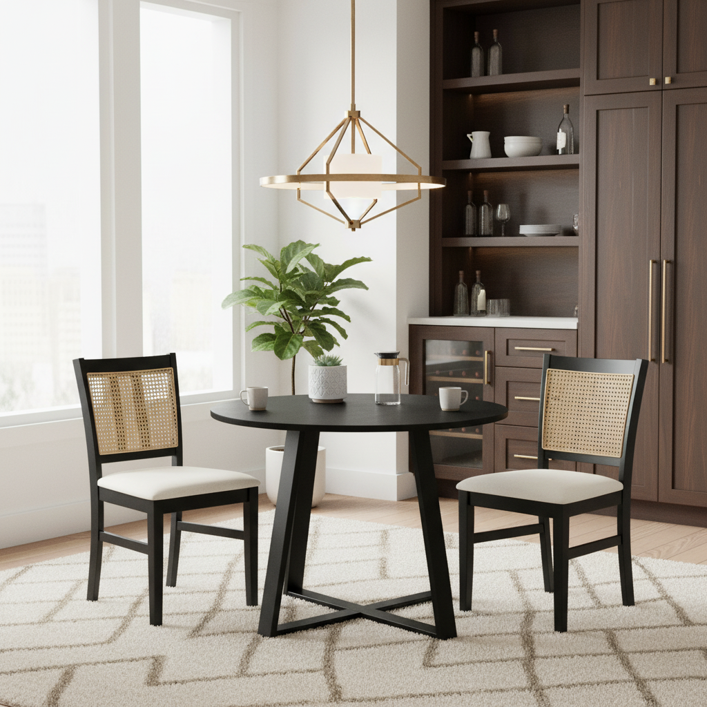 3-Piece Mid-Century Dining Set with 36” Round Pedestal Table and 2 Farmhouse Rattan Dining Chairs