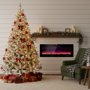 Ultimate Holiday DÃ©cor Suite: Pre-Lit Snow Flocked Christmas Tree & 50" Recessed Electric Fireplace Set