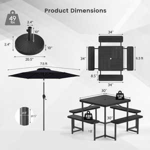 Outdoor Picnic Table Bench Set with Umbrella and Base for 4-8 People