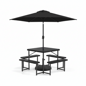 Outdoor Picnic Table Bench Set with Umbrella and Base for 4-8 People