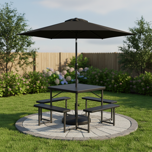 Outdoor Picnic Table Bench Set with Umbrella and Base for 4-8 People