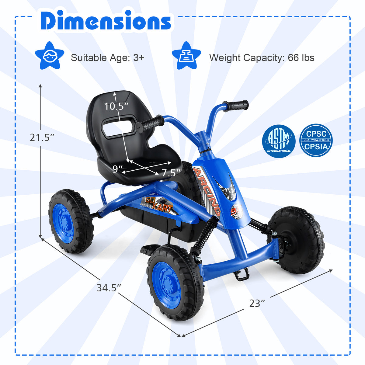 Go Kart for Kids 4 Wheel with Steering Handlebars and Adjustable Seat-Navy