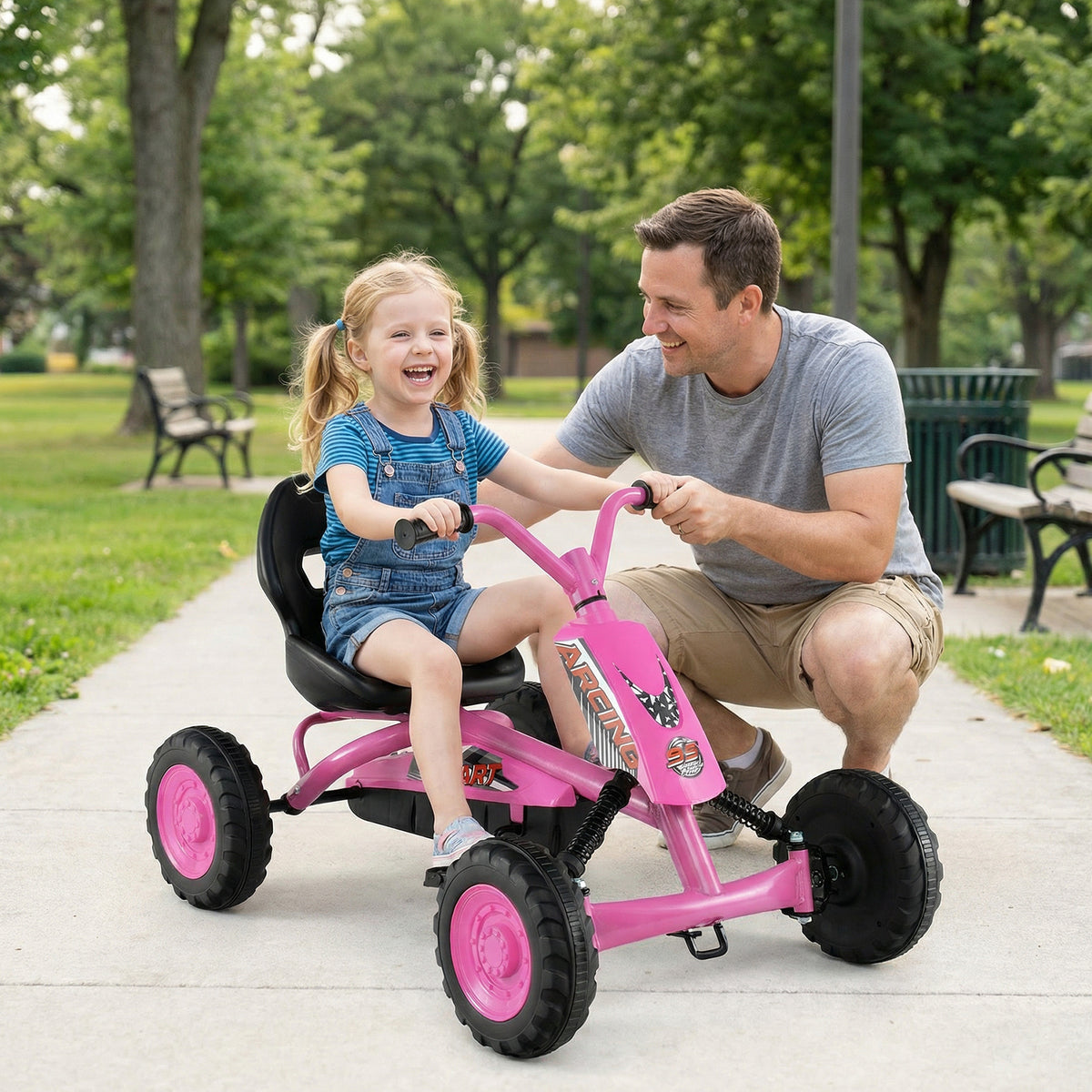 Go Kart for Kids 4 Wheel with Steering Handlebars and Adjustable Seat-Pink