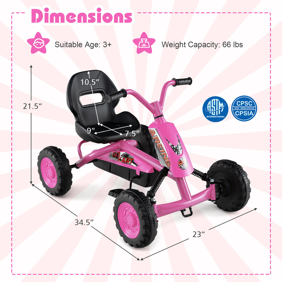 Go Kart for Kids 4 Wheel with Steering Handlebars and Adjustable Seat-Pink