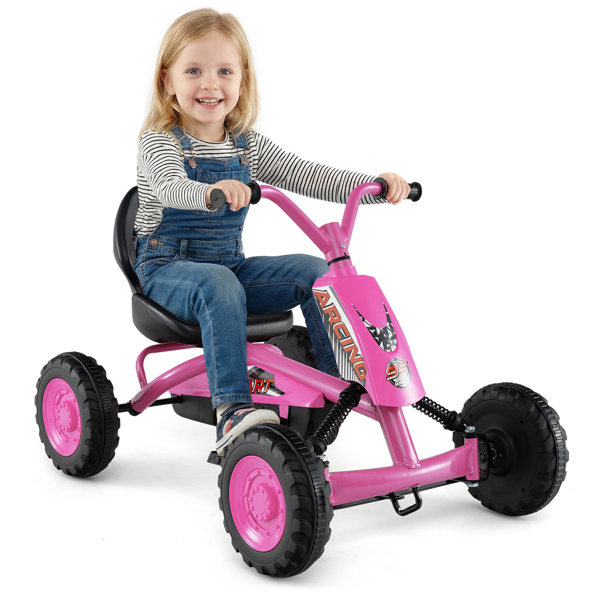 Go Kart for Kids 4 Wheel with Steering Handlebars and Adjustable Seat-Pink