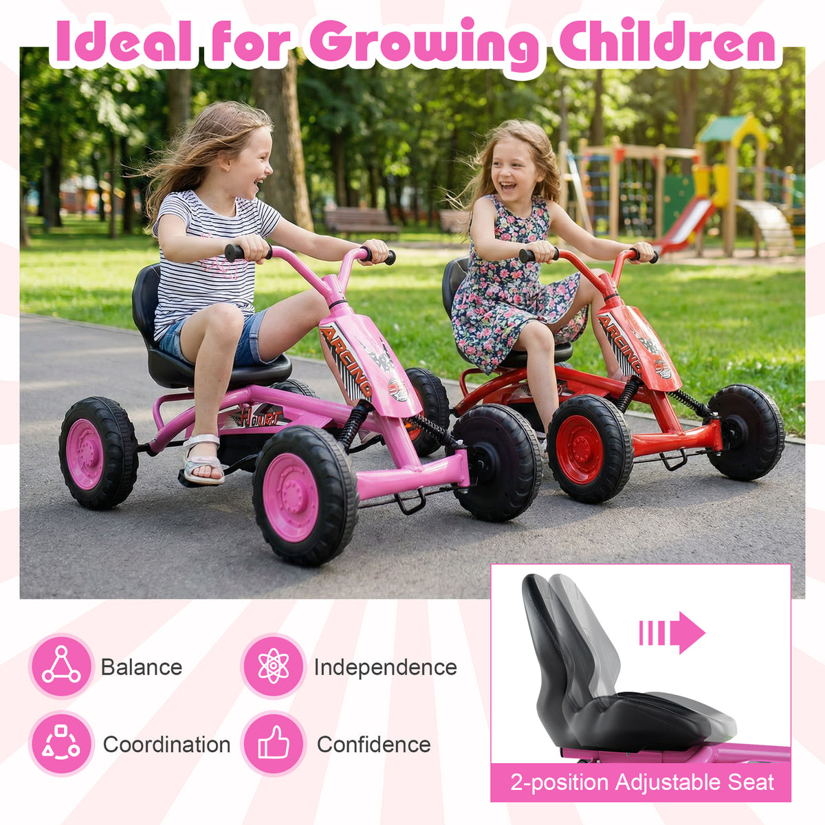 Go Kart for Kids 4 Wheel with Steering Handlebars and Adjustable Seat-Pink