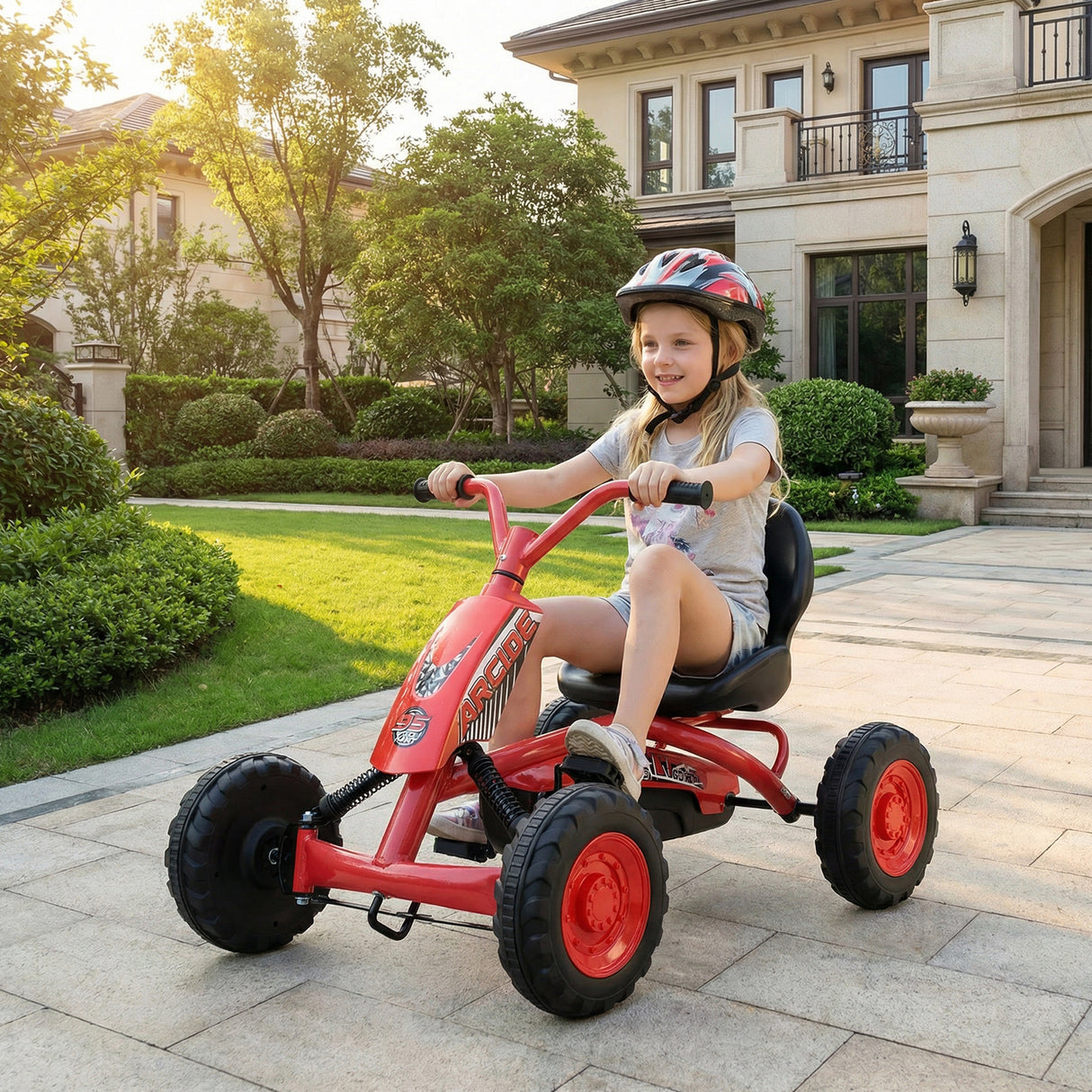 Go Kart for Kids 4 Wheel with Steering Handlebars and Adjustable Seat-Red